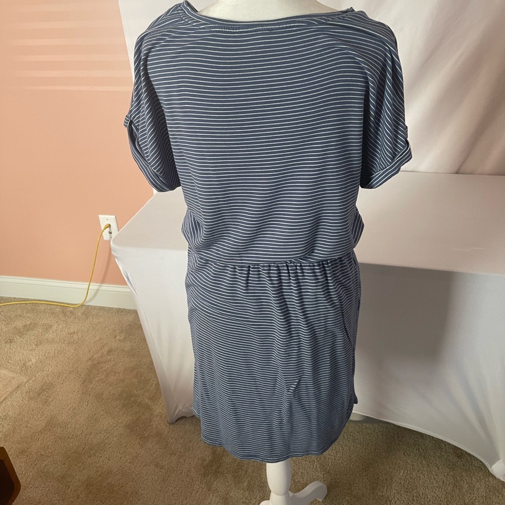 Striped Drawstring Waist Casual Dress - Blue & White - Picture 3 of 3